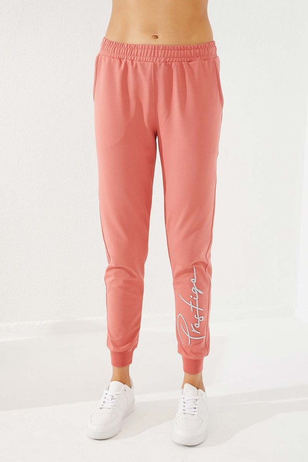 Women's High Waisted Embroidery Detailed Jogger Powder Tracksuit Bottom - 94578