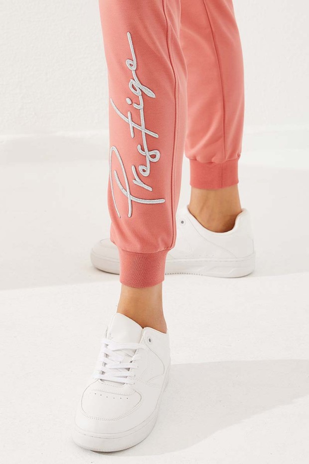 Women's High Waisted Embroidery Detailed Jogger Powder Tracksuit Bottom - 94578