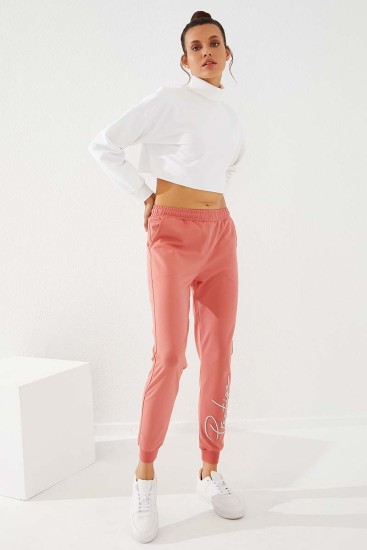 Women's High Waisted Embroidery Detailed Jogger Powder Tracksuit Bottom - 94578 - Thumbnail