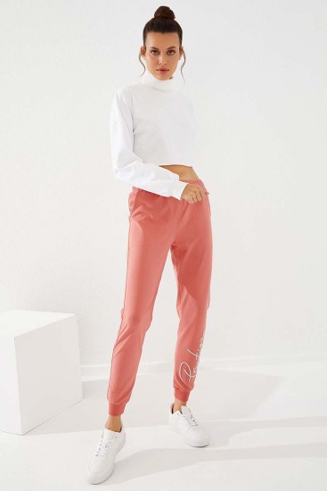 Women's High Waisted Embroidery Detailed Jogger Powder Tracksuit Bottom - 94578 - Thumbnail