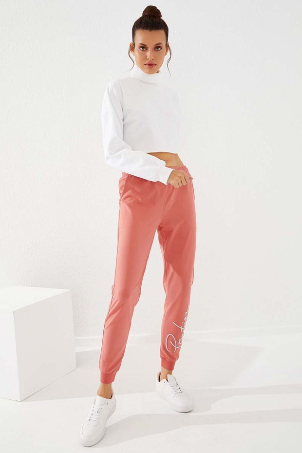 Women's High Waisted Embroidery Detailed Jogger Powder Tracksuit Bottom - 94578