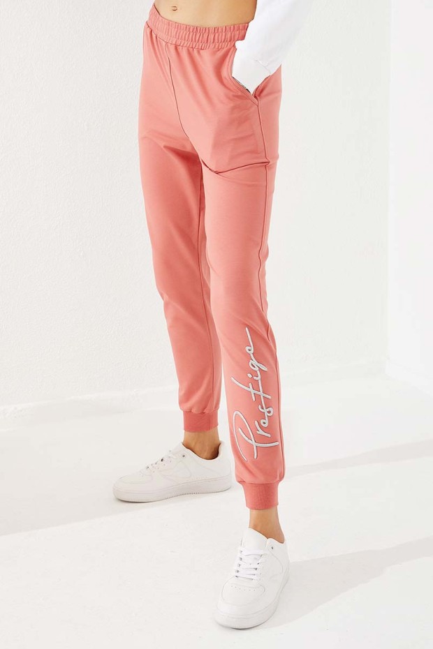 Women's High Waisted Embroidery Detailed Jogger Powder Tracksuit Bottom - 94578