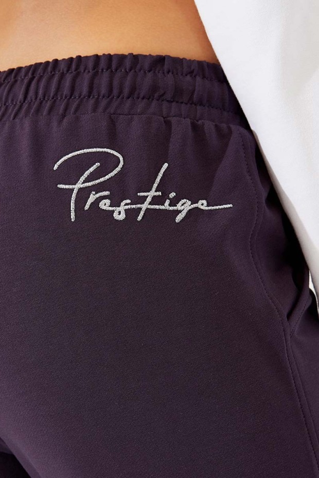Women's High Waisted Embroidery Detailed Jogger Purple Tracksuit Bottom - 94578