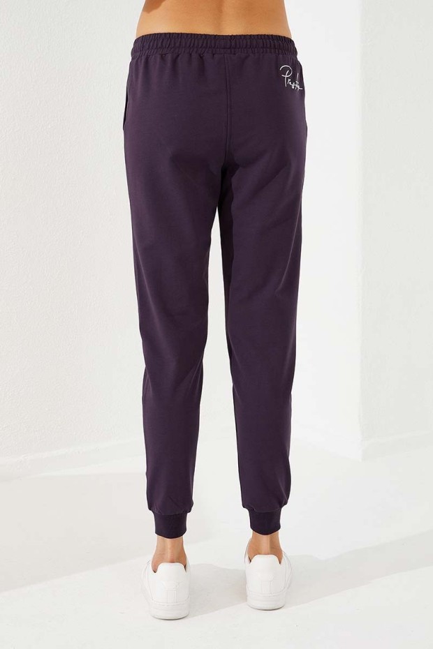 Women's High Waisted Embroidery Detailed Jogger Purple Tracksuit Bottom - 94578