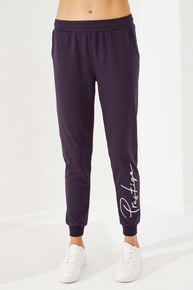 Women's High Waisted Embroidery Detailed Jogger Purple Tracksuit Bottom - 94578
