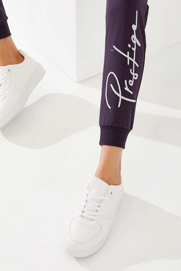 Women's High Waisted Embroidery Detailed Jogger Purple Tracksuit Bottom - 94578