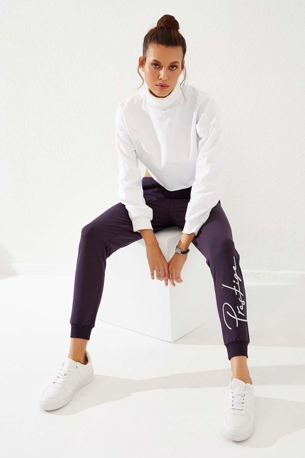 Women's High Waisted Embroidery Detailed Jogger Purple Tracksuit Bottom - 94578