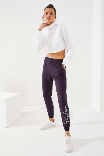 Women's High Waisted Embroidery Detailed Jogger Purple Tracksuit Bottom - 94578 - Thumbnail