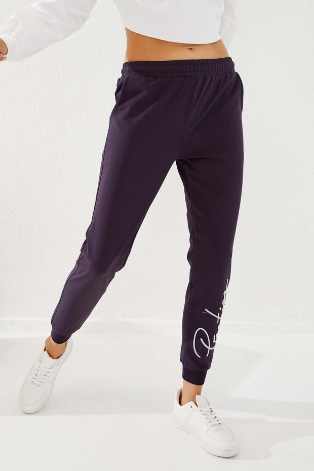 Women's High Waisted Embroidery Detailed Jogger Purple Tracksuit Bottom - 94578