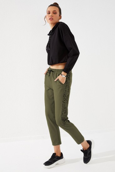 Women's High Waisted Foil Print Jogger Khaki Tracksuit Bottom - 94572 