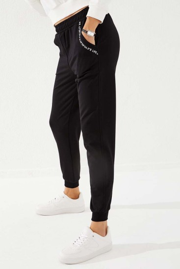 Women's High Waisted Pocket Detailed Jogger Black Tracksuit Bottom - 94574 - Thumbnail