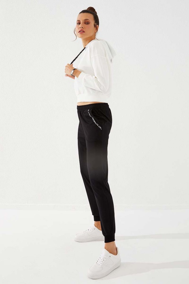 Women's High Waisted Pocket Detailed Jogger Black Tracksuit Bottom - 94574