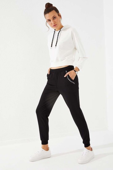 Women's High Waisted Pocket Detailed Jogger Black Tracksuit Bottom - 94574 - Thumbnail