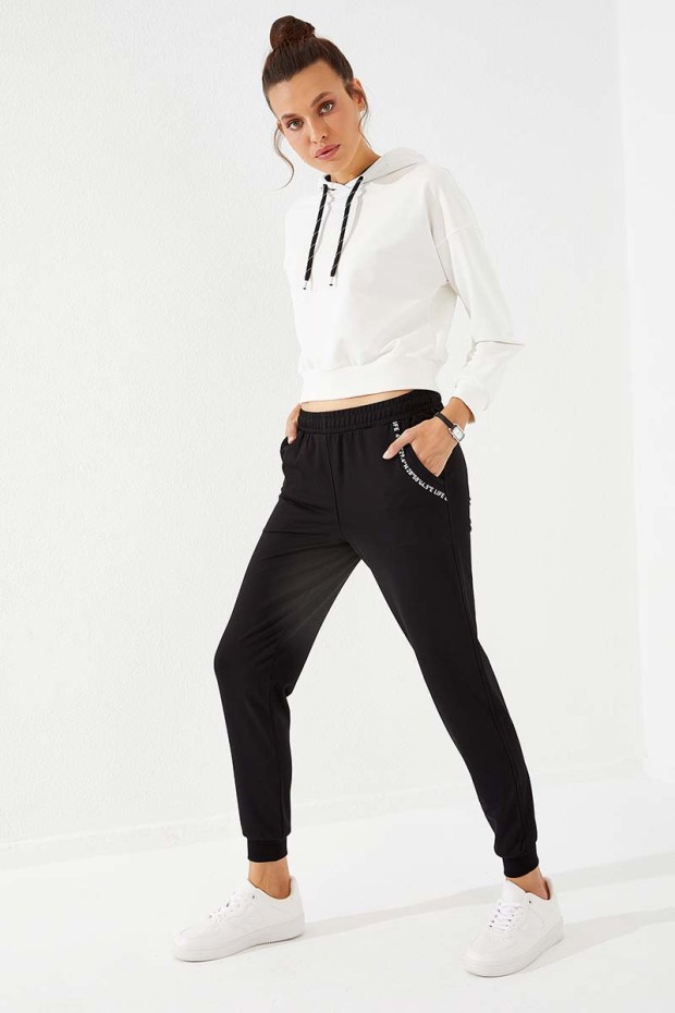 Women's High Waisted Pocket Detailed Jogger Black Tracksuit Bottom - 94574