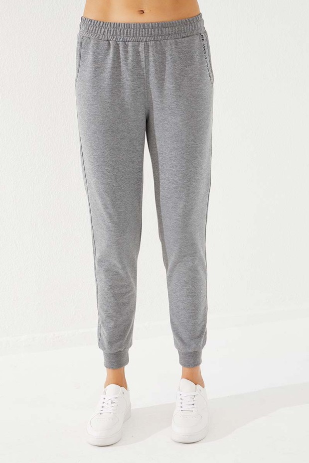 Women's High Waisted Pocket Detailed Jogger Grey Melange Tracksuit Bottom - 94574
