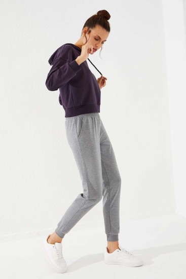 Women's High Waisted Pocket Detailed Jogger Grey Melange Tracksuit Bottom - 94574 - Thumbnail