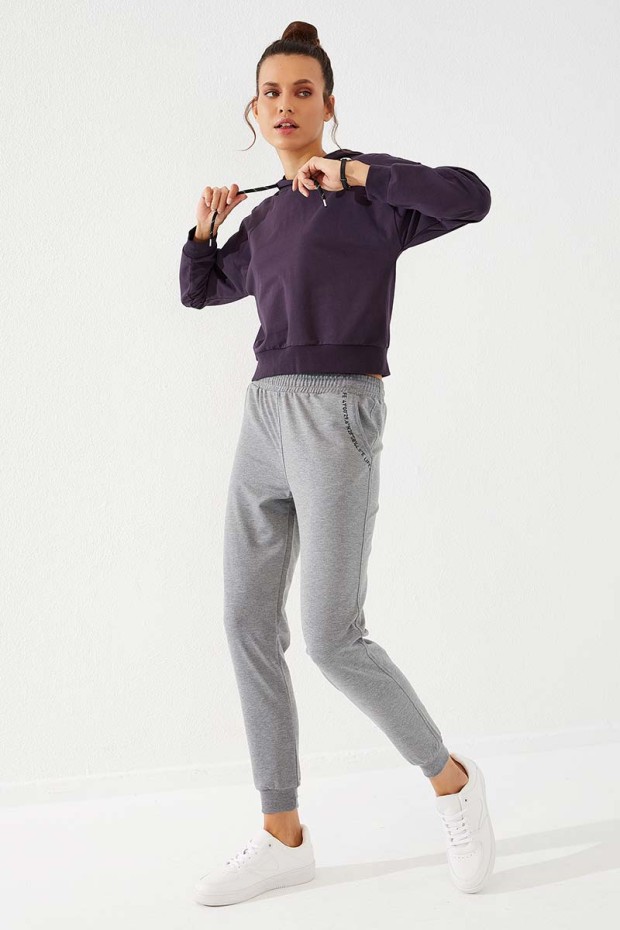 Women's High Waisted Pocket Detailed Jogger Grey Melange Tracksuit Bottom - 94574
