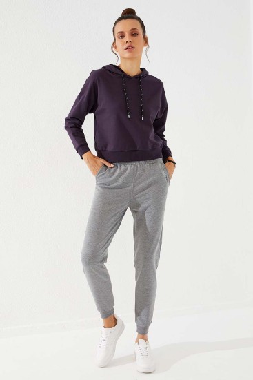 Women's High Waisted Pocket Detailed Jogger Grey Melange Tracksuit Bottom - 94574 - Thumbnail