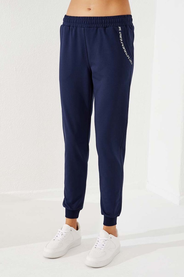 Women's High Waisted Pocket Detailed Jogger Indigo Tracksuit Bottom - 94574