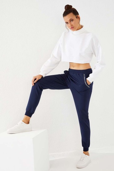 Women's High Waisted Pocket Detailed Jogger Indigo Tracksuit Bottom - 94574 - Thumbnail