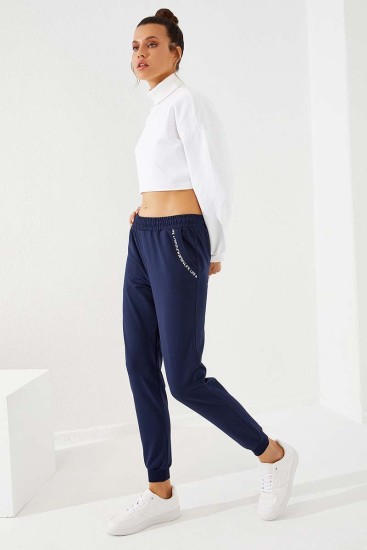 Women's High Waisted Pocket Detailed Jogger Indigo Tracksuit Bottom - 94574 - Thumbnail