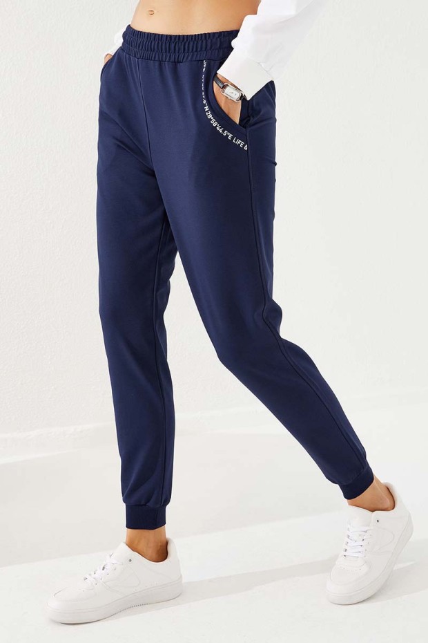 Women's High Waisted Pocket Detailed Jogger Indigo Tracksuit Bottom - 94574