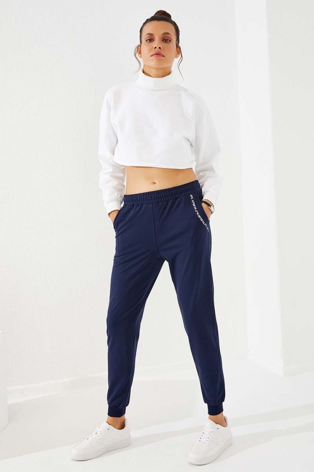 Women's High Waisted Pocket Detailed Jogger Indigo Tracksuit Bottom - 94574