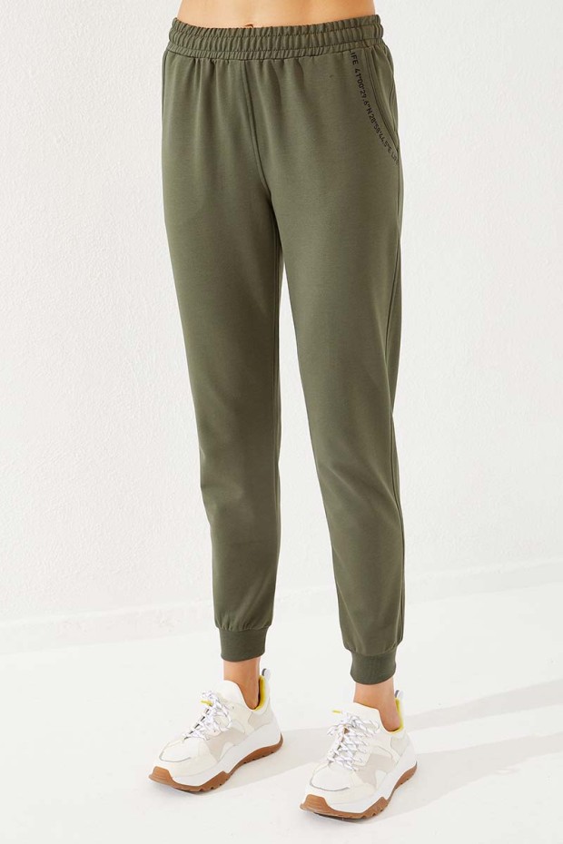 Women's High Waisted Pocket Detailed Jogger Khaki Tracksuit Bottom - 94574