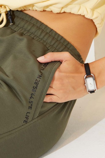 Women's High Waisted Pocket Detailed Jogger Khaki Tracksuit Bottom - 94574 - Thumbnail
