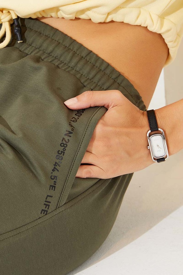 Women's High Waisted Pocket Detailed Jogger Khaki Tracksuit Bottom - 94574