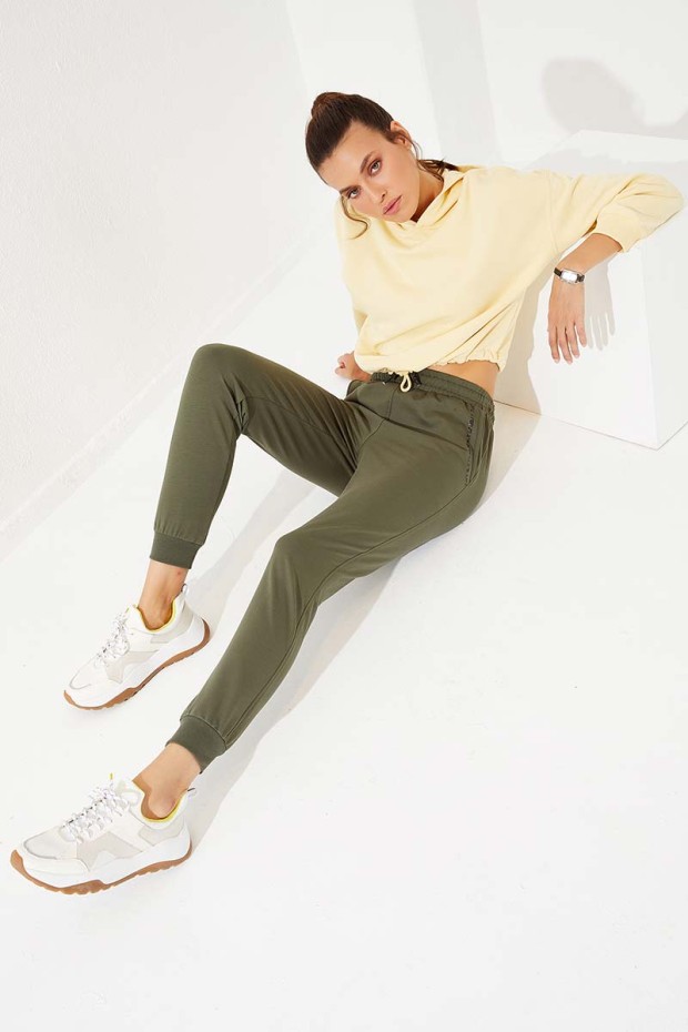 Women's High Waisted Pocket Detailed Jogger Khaki Tracksuit Bottom - 94574