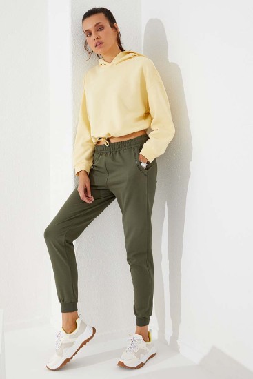 Women's High Waisted Pocket Detailed Jogger Khaki Tracksuit Bottom - 94574 - Thumbnail