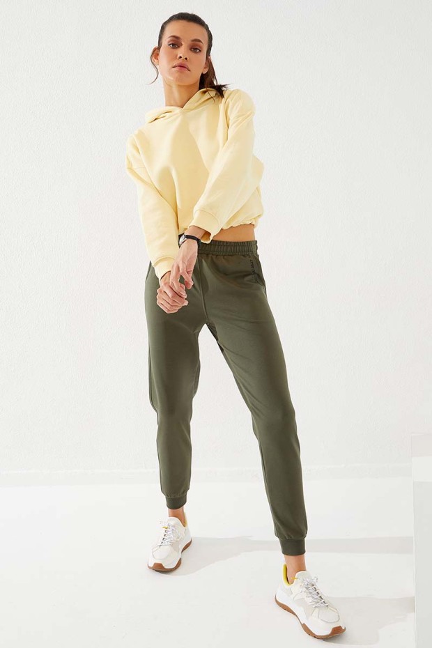 Women's High Waisted Pocket Detailed Jogger Khaki Tracksuit Bottom - 94574