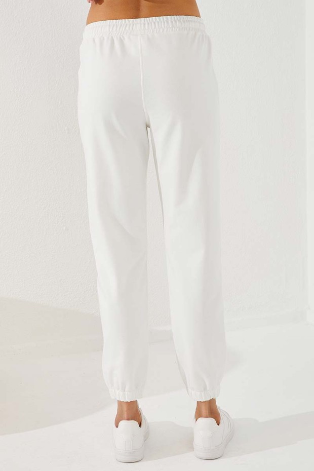 Women's High Waisted Text Printed Ecru Tracksuit Bottom - 94575