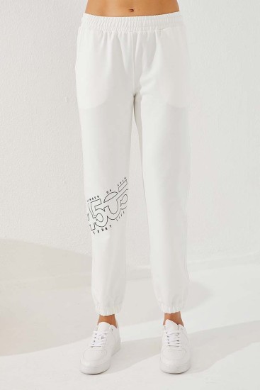 Women's High Waisted Text Printed Ecru Tracksuit Bottom - 94575 - Thumbnail
