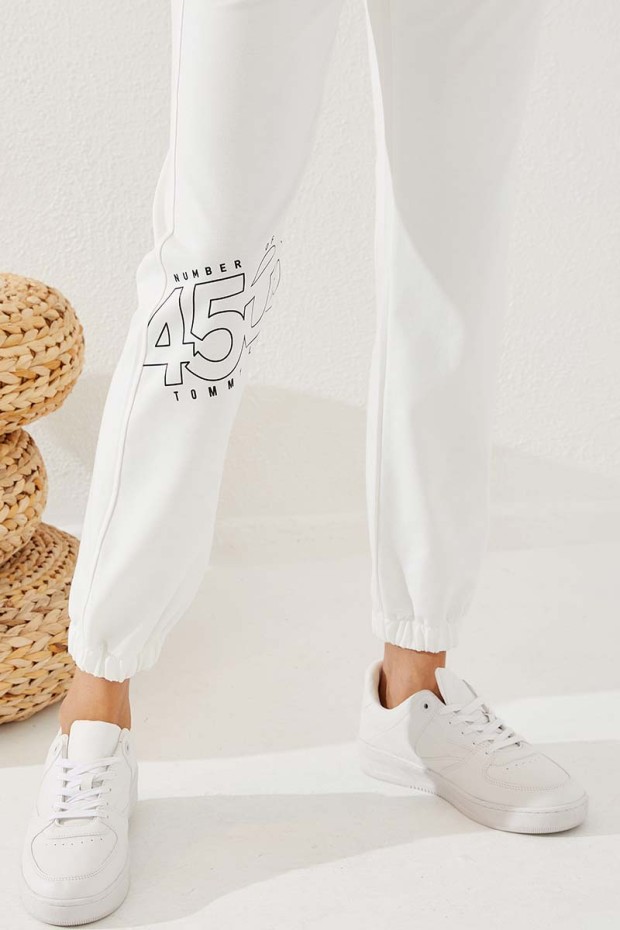 Women's High Waisted Text Printed Ecru Tracksuit Bottom - 94575