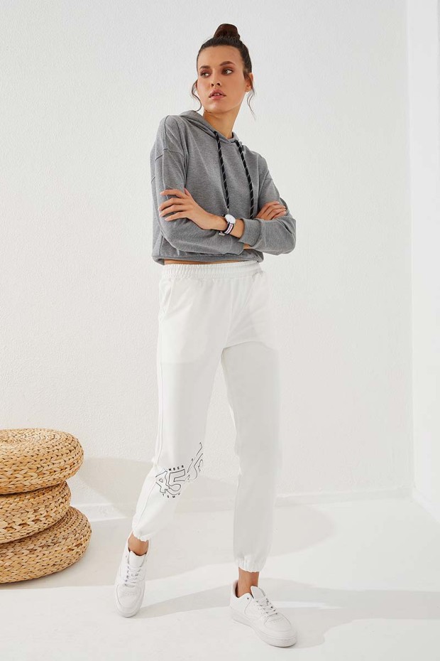 Women's High Waisted Text Printed Ecru Tracksuit Bottom - 94575