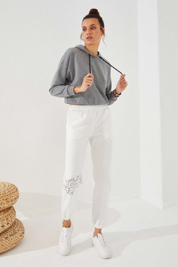 Women's High Waisted Text Printed Ecru Tracksuit Bottom - 94575 - Thumbnail