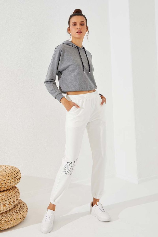 Women's High Waisted Text Printed Ecru Tracksuit Bottom - 94575