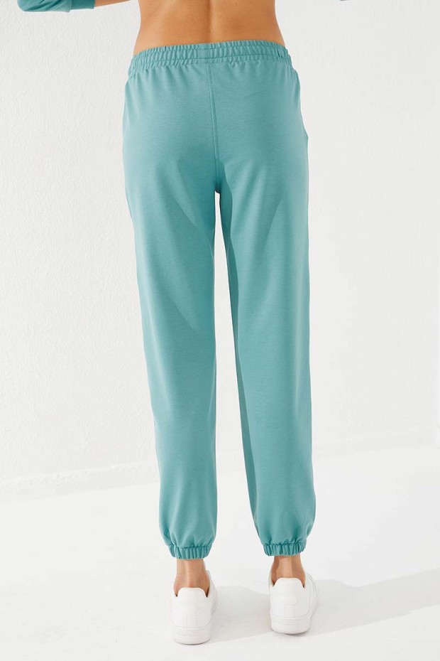 Women's High Waisted Text Printed Mint Green Tracksuit Bottom - 94575