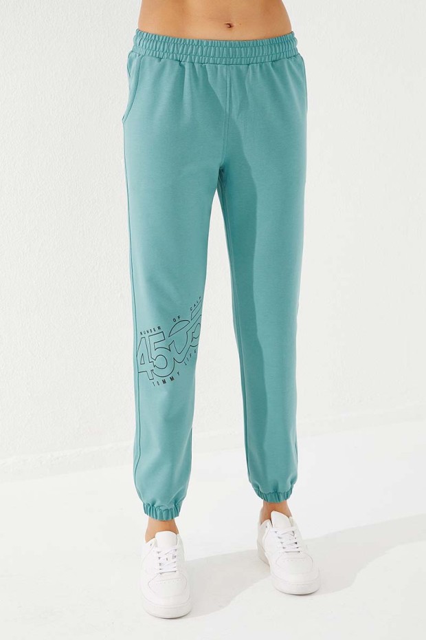 Women's High Waisted Text Printed Mint Green Tracksuit Bottom - 94575