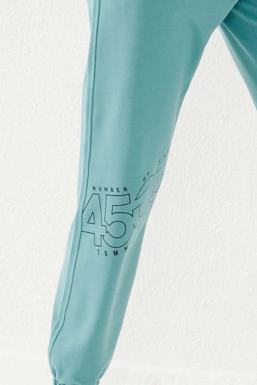 Women's High Waisted Text Printed Mint Green Tracksuit Bottom - 94575 - Thumbnail