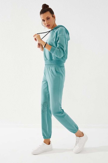 Women's High Waisted Text Printed Mint Green Tracksuit Bottom - 94575 - Thumbnail