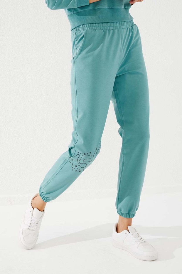 Women's High Waisted Text Printed Mint Green Tracksuit Bottom - 94575