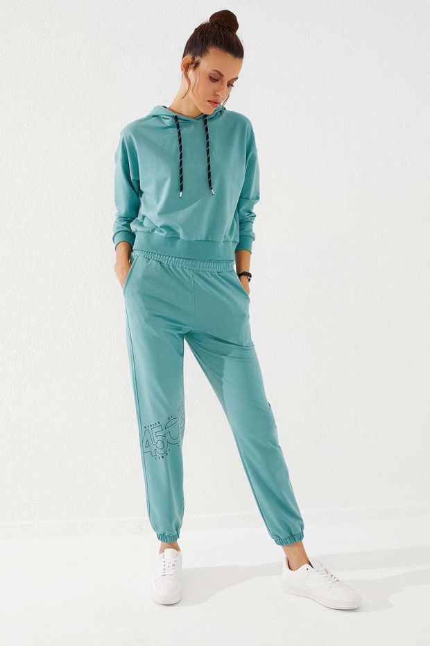 Women's High Waisted Text Printed Mint Green Tracksuit Bottom - 94575