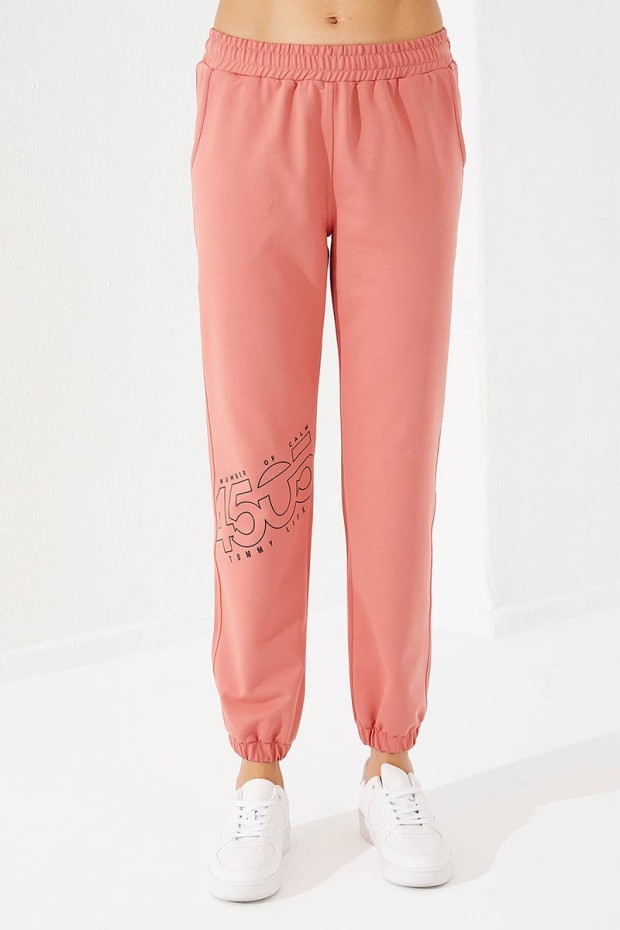 Women's High Waisted Text Printed Powder Tracksuit Bottom - 94575