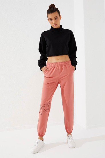 Women's High Waisted Text Printed Powder Tracksuit Bottom - 94575 - Thumbnail