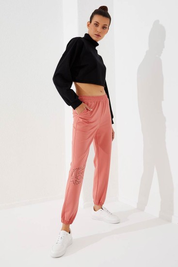 Women's High Waisted Text Printed Powder Tracksuit Bottom - 94575 - Thumbnail