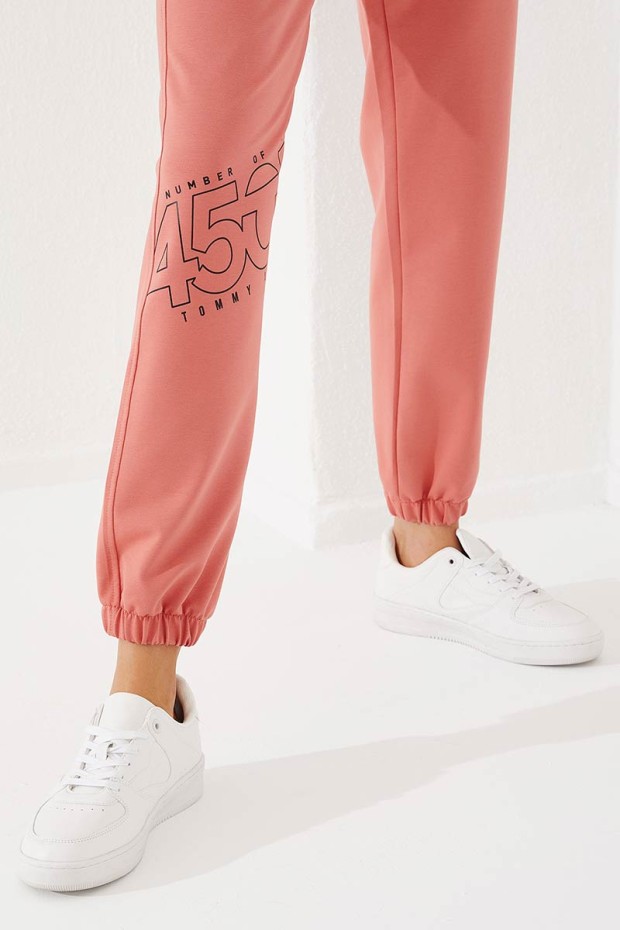 Women's High Waisted Text Printed Powder Tracksuit Bottom - 94575