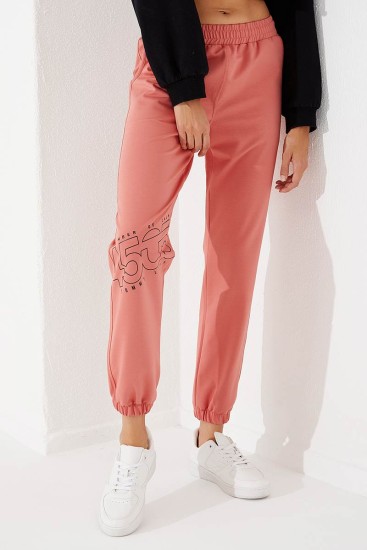 Women's High Waisted Text Printed Powder Tracksuit Bottom - 94575 - Thumbnail